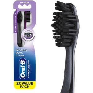imageOralB 3D White Charcoal toothbrush 2 count MEDIUM manual tootbrush pack Whitens teeth removes plaque and stains tongue scraper tooth brush2 Count Pack of 1