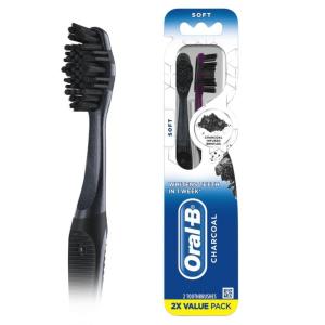 imageOralB 3D White Charcoal toothbrush 2 count SOFT manual tootbrush pack Whitens teeth removes plaque and stains tongue scraper tooth brush1 Count Pack of 2