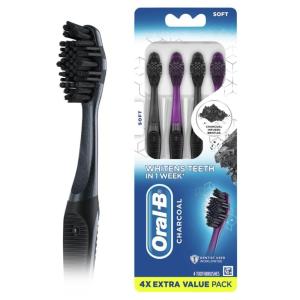imageOralB 3D White Charcoal toothbrush 2 count SOFT manual tootbrush pack Whitens teeth removes plaque and stains tongue scraper tooth brush4 Count Pack of 1