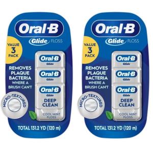 imageOralB Glide Dental Floss Shred Resistant Gentle on Gums Natural Wax Slides Smoothly Deep Clean Cool Mint Flavor 40 M 3 Count13123 Foot Pack of 6