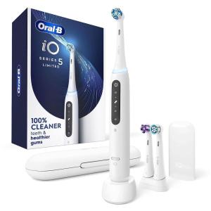 imageOralB iO Deep Clean  Whiten Rechargeable Electric Toothbrush with Visible Pressure Sensor 2 Minute Timer 5 Cleaning Settings 1 iO5 Limited 3 Toothbrush Heads Travel Case ampamp Refill Holder WhiteWhite