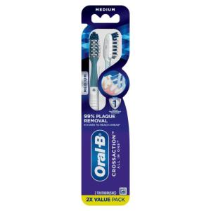 imageOralB Pro Health CrossAction Plaque Removal toothbrushes 2 Count Toothbrush Medium Deep Reach in Tight Spaces Tongue Scraper Tooth Brush Plaque Fighter Gentle on Teeth Gum stimulatorsMedium